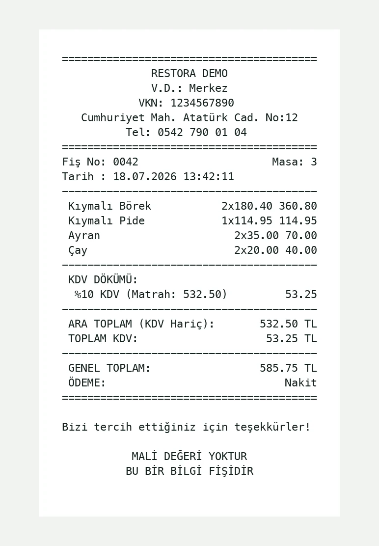 Restora otomatik adisyon örneği