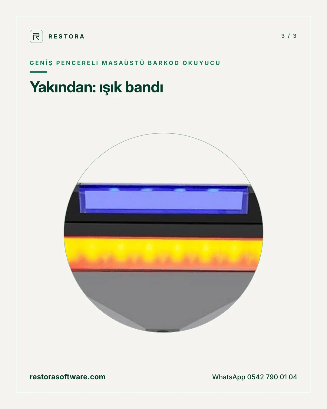 Geniş pencereli masaüstü barkod okuyucu: Yakından: ışık bandı