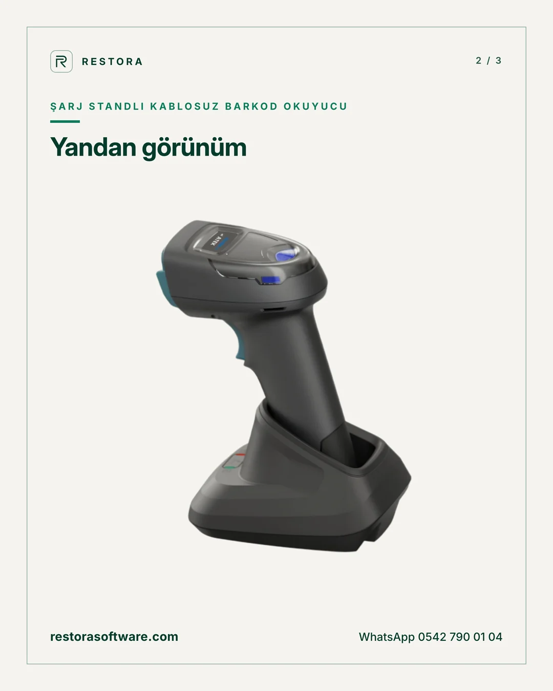 Şarj standlı kablosuz barkod okuyucu: Yandan görünüm