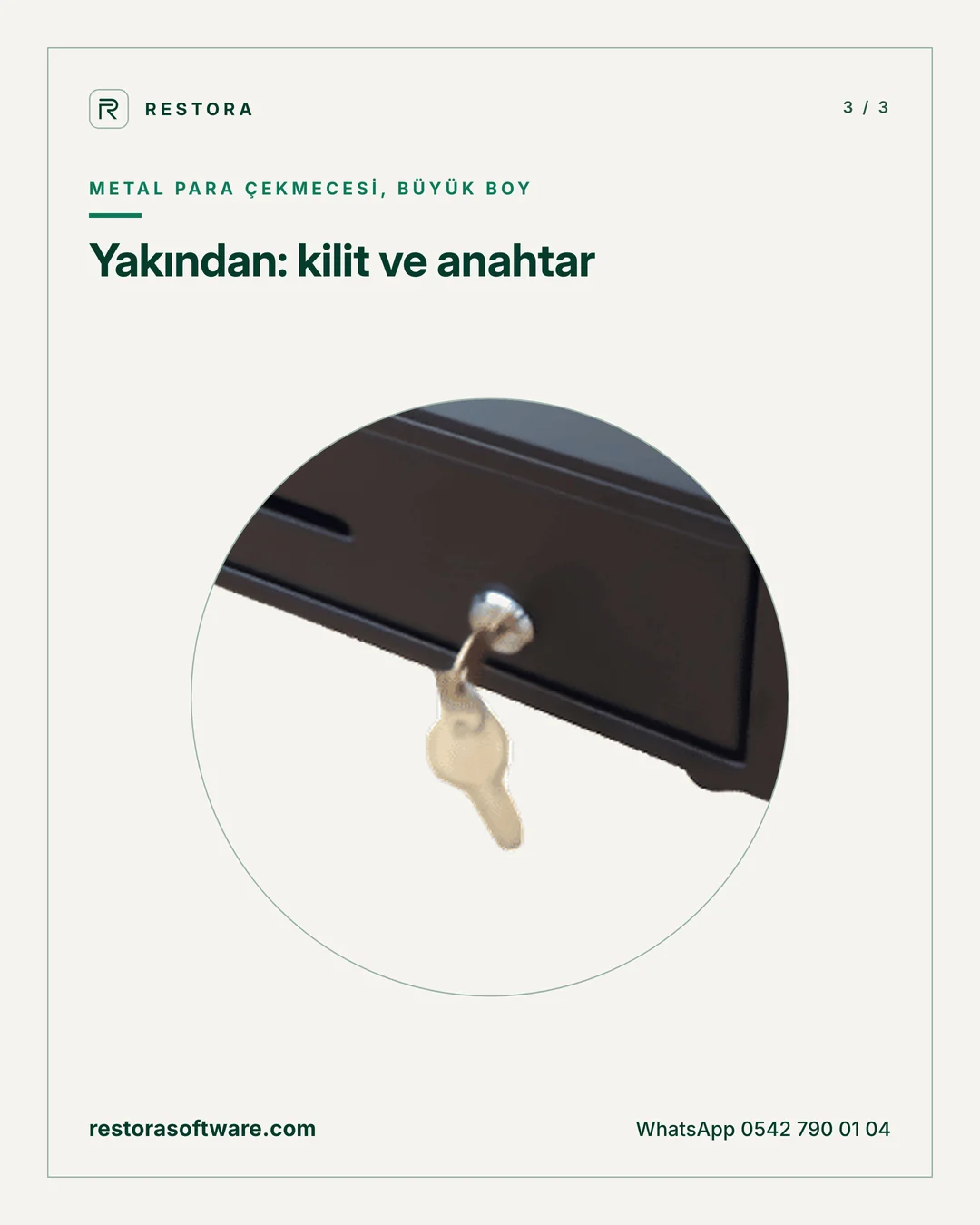Metal para çekmecesi, büyük boy: Yakından: kilit ve anahtar