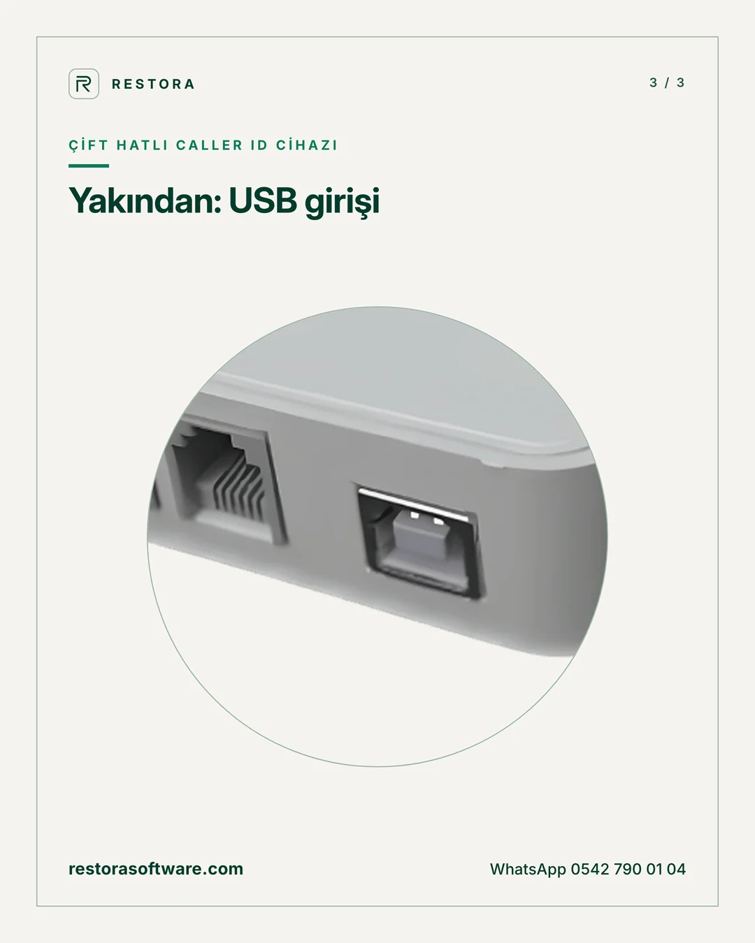 Çift hatlı Caller ID cihazı: Yakından: USB girişi